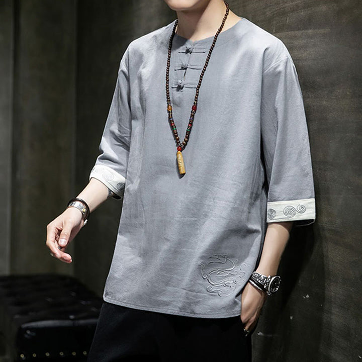 Ropa de hombre de lino y algodón, traje Tang chino con bordado de dragón y botones de rana de Buddha Stones, camisa de manga tres cuartos - image 16