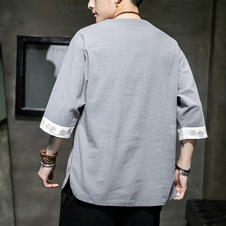 Ropa de hombre de lino y algodón, traje Tang chino con bordado de dragón y botones de rana de Buddha Stones, camisa de manga tres cuartos - image 14