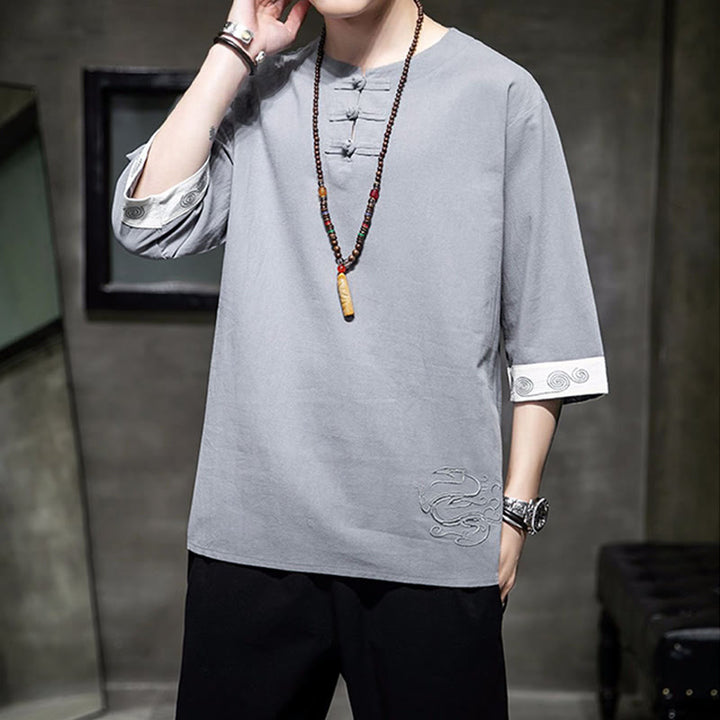 Ropa de hombre de lino y algodón, traje Tang chino con bordado de dragón y botones de rana de Buddha Stones, camisa de manga tres cuartos - image 20