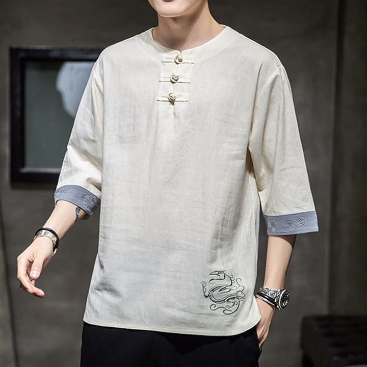 Ropa de hombre de lino y algodón, traje Tang chino con bordado de dragón y botones de rana de Buddha Stones, camisa de manga tres cuartos - image 7