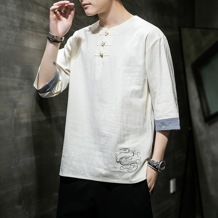 Ropa de hombre de lino y algodón, traje Tang chino con bordado de dragón y botones de rana de Buddha Stones, camisa de manga tres cuartos - image 9