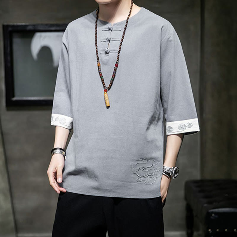 Ropa de hombre de lino y algodón, traje Tang chino con bordado de dragón y botones de rana de Buddha Stones, camisa de manga tres cuartos - image 13