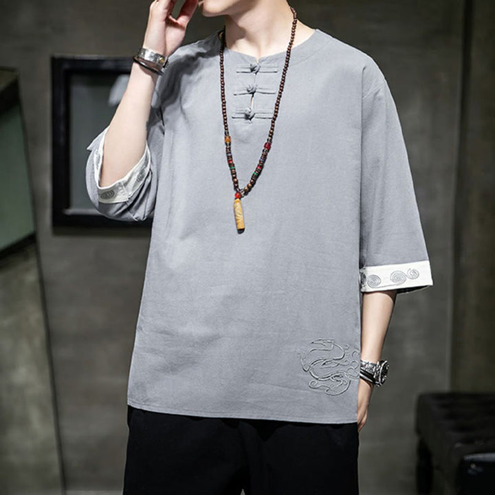 Ropa de hombre de lino y algodón, traje Tang chino con bordado de dragón y botones de rana de Buddha Stones, camisa de manga tres cuartos - image 15