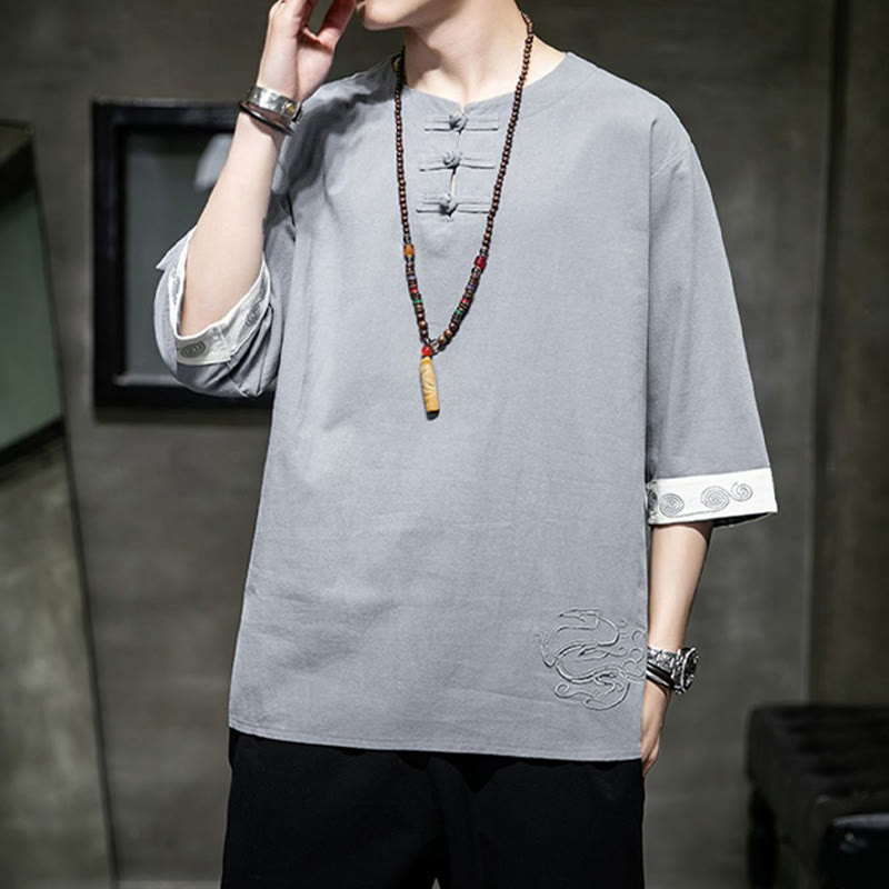 Ropa de hombre de lino y algodón, traje Tang chino con bordado de dragón y botones de rana de Buddha Stones, camisa de manga tres cuartos - image 15