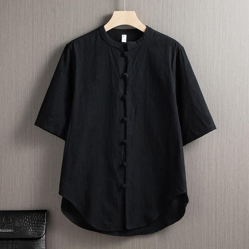 Buddha Stones Rana Botón Liso Chino Tang Traje Camisa De Manga Corta Algodón Lino Ropa De Hombre - Negro - US/UK/AU46, EU56 (5XL) - image 5
