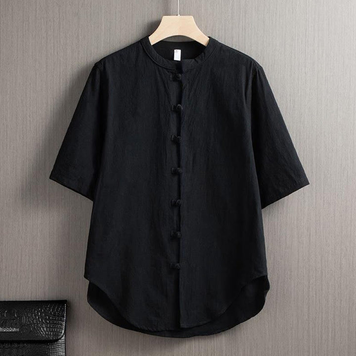 Buddha Stones Rana Botón Liso Chino Tang Traje Camisa De Manga Corta Algodón Lino Ropa De Hombre - Negro - US/UK/AU46, EU56 (5XL) - image 5