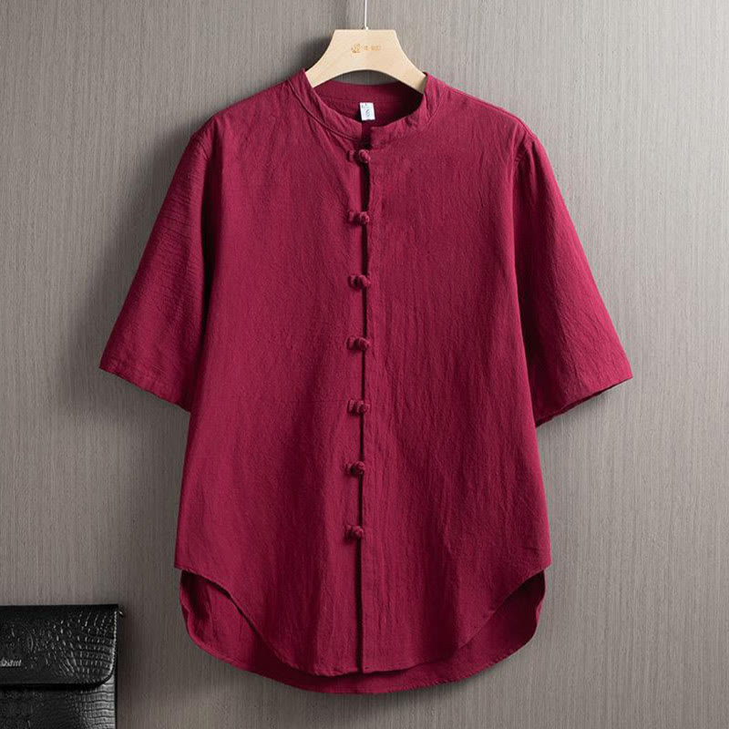 Buddha Stones Rana Botón Liso Chino Tang Traje Camisa De Manga Corta Algodón Lino Ropa De Hombre - IndianRed - US/UK/AU46, EU56 (5XL) - image 1