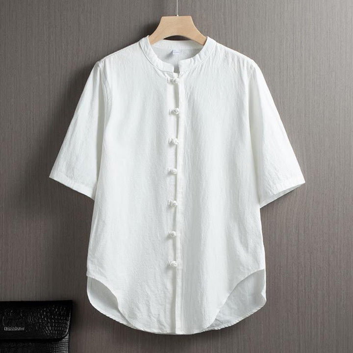 Buddha Stones Rana Botón Liso Chino Tang Traje Camisa De Manga Corta Algodón Lino Ropa De Hombre - Blanco - US/UK/AU46, EU56 (5XL) - image 0