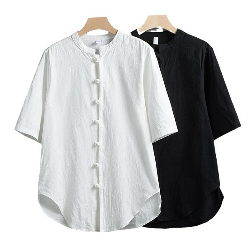 Buddha Stones Rana Botón Liso Chino Tang Traje Camisa De Manga Corta Algodón Lino Ropa De Hombre - image 7