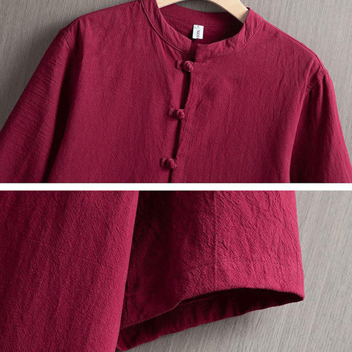 Buddha Stones Rana Botón Liso Chino Tang Traje Camisa De Manga Corta Algodón Lino Ropa De Hombre - image 3