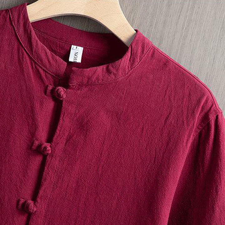 Buddha Stones Rana Botón Liso Chino Tang Traje Camisa De Manga Corta Algodón Lino Ropa De Hombre - image 2