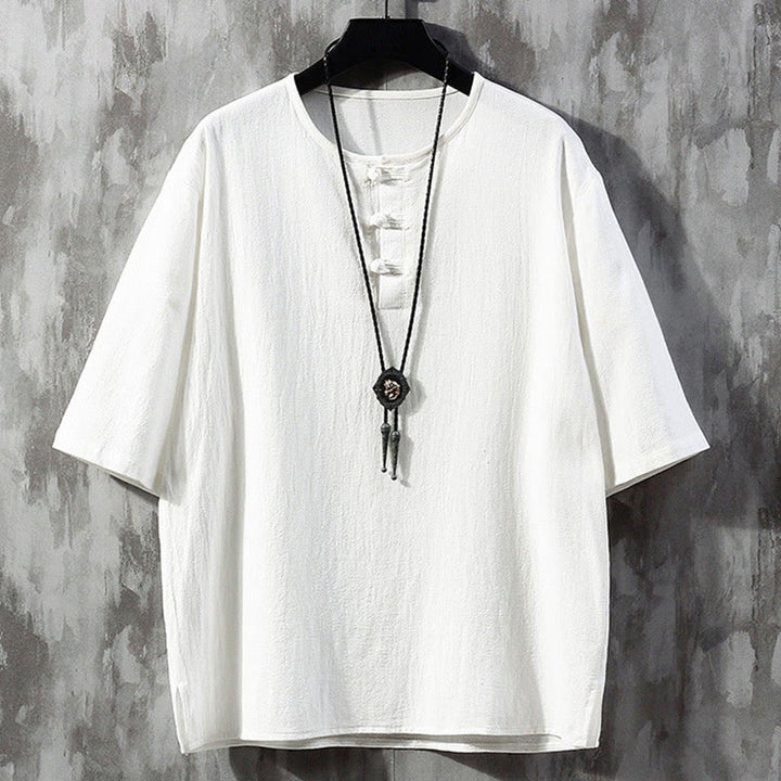 Buddha Stones Botón de Rana Color Liso Traje Tang Chino Camisa de Media Manga Ropa de Lino para Hombres - Blanco - US/UK/AU46, EU56 (5XL)  - image 1