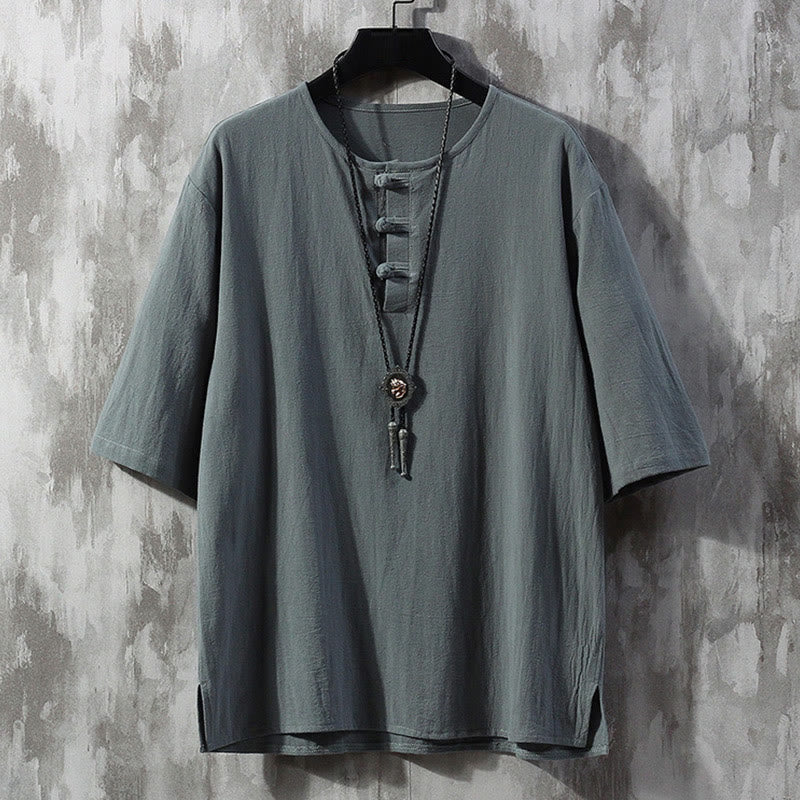 Camisa de manga corta para hombre con estampado de Buddha Stones y botones de rana, color liso, estilo traje chino Tang. - Gris pizarra claro - US/UK/AU46, EU56 (5XL)  - image 0