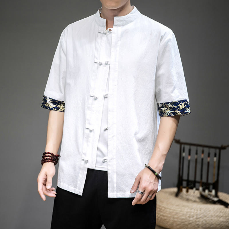 Traje chino Tang con botones de rana y Buddha Stones , camisa de grulla de media manga, ropa de lino para hombre - Blanco - US/UK/AU46, EU56 (5XL) - image 0