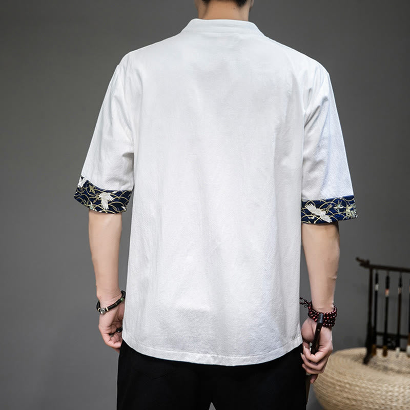Traje chino Tang con botones de rana y Buddha Stones , camisa de grulla de media manga, ropa de lino para hombre - image 1