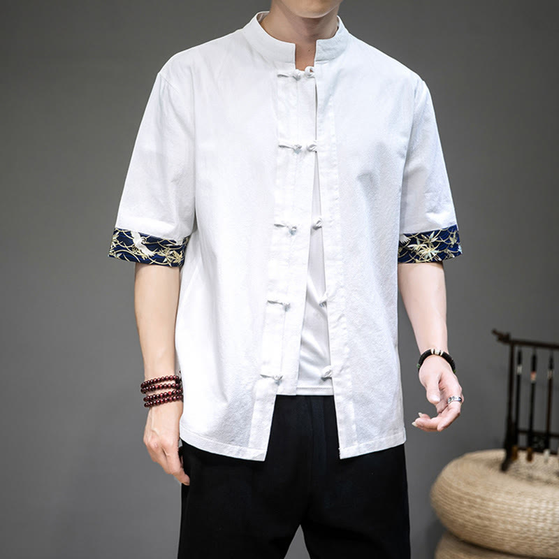 Traje chino Tang con botones de rana y Buddha Stones , camisa de grulla de media manga, ropa de lino para hombre - image 3