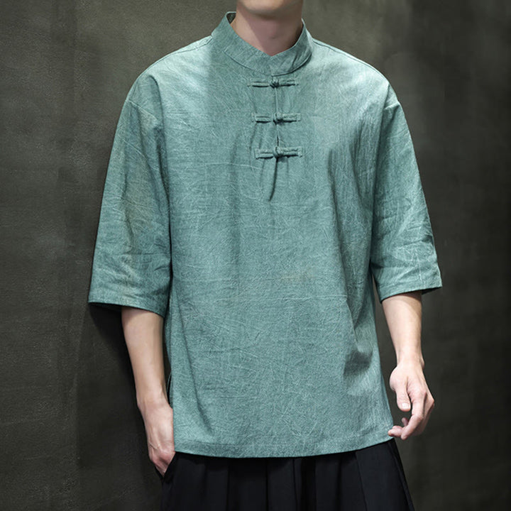 Buddha Stones Camisa de lino de algodón de media manga con botón de rana china para hombre - Aguamarina mediana - US/UK/AU46, EU56 (5XL)  - image 5