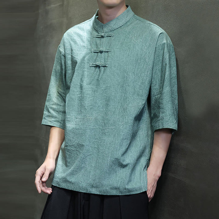 Buddha Stones Camisa de lino de algodón de media manga con botón de rana china para hombre - image 11