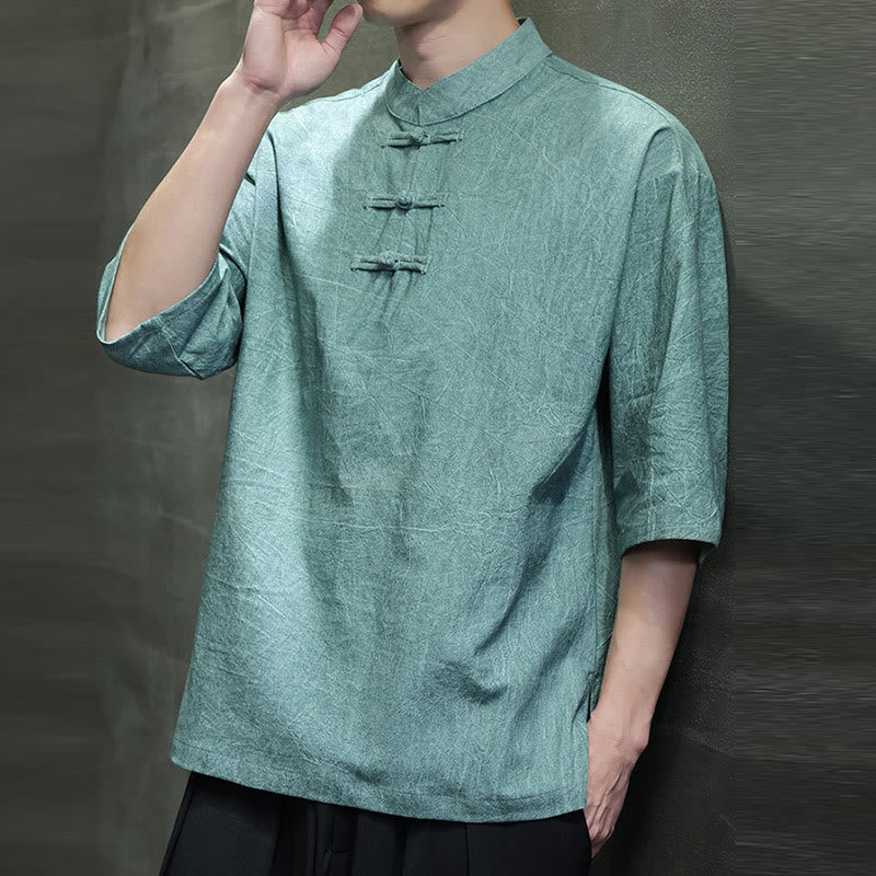 Buddha Stones Camisa de lino de algodón de media manga con botón de rana china para hombre - image 9