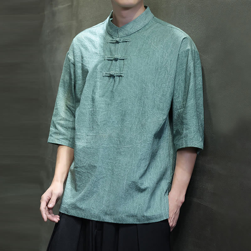 Buddha Stones Camisa de lino de algodón de media manga con botón de rana china para hombre - image 11