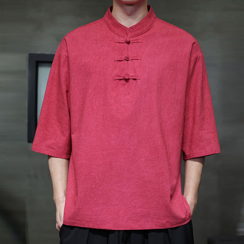 Buddha Stones Camisa de lino de algodón de media manga con botón de rana china para hombre - image 13