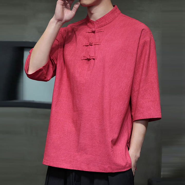 Buddha Stones Camisa de lino de algodón de media manga con botón de rana china para hombre - image 17