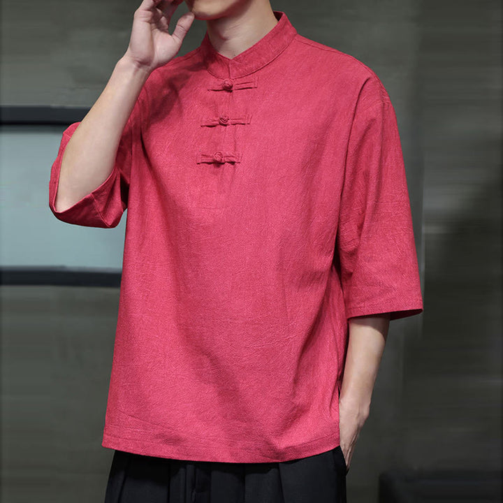 Buddha Stones Camisa de lino de algodón de media manga con botón de rana china para hombre - image 18