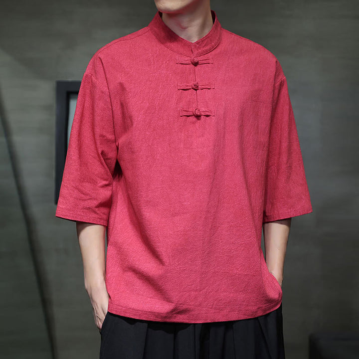 Buddha Stones Camisa de lino de algodón de media manga con botón de rana china para hombre - image 16