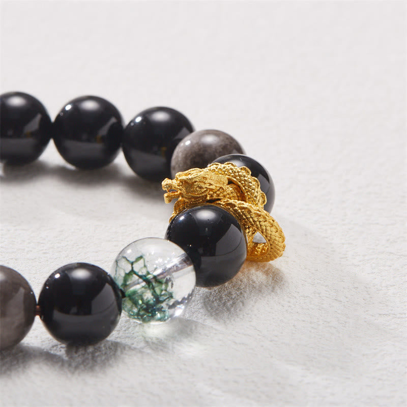 Pulsera de protección fantasma verde dragón obsidiana con brillo de plata natural con Buddha Stones