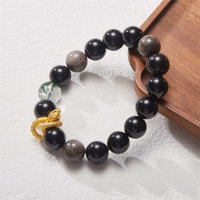 Pulsera de protección fantasma verde dragón obsidiana con brillo de plata natural con Buddha Stones