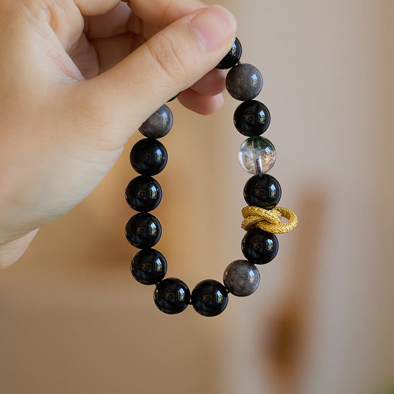 Pulsera de protección fantasma verde dragón obsidiana con brillo de plata natural con Buddha Stones