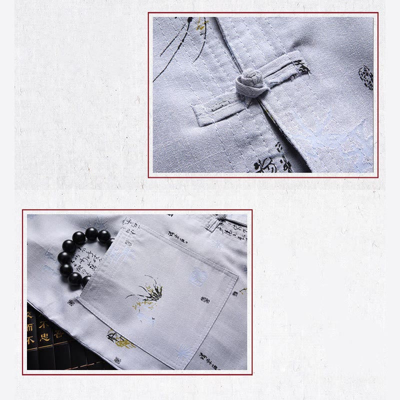 Buddha Stones botón de rana Fu personaje dragón hoja de bambú traje chino camisa de manga corta de lino con bolsillos - image 12