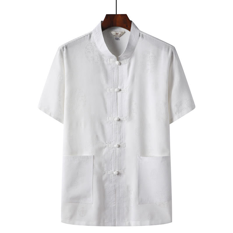 Buddha Stones botón de rana Fu personaje dragón hoja de bambú traje chino camisa de manga corta de lino con bolsillos - Blanco - Dragón - US/UK/AU46，EU56 (4XL)  - image 8