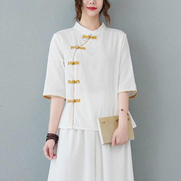 Camisa de lino y algodón con media manga y botones de rana con estampado floral de Buddha Stones - Blanco - 2XL(Equivalente a tallas US8-10; UK/AU12-14; EU 40-42) - image 3