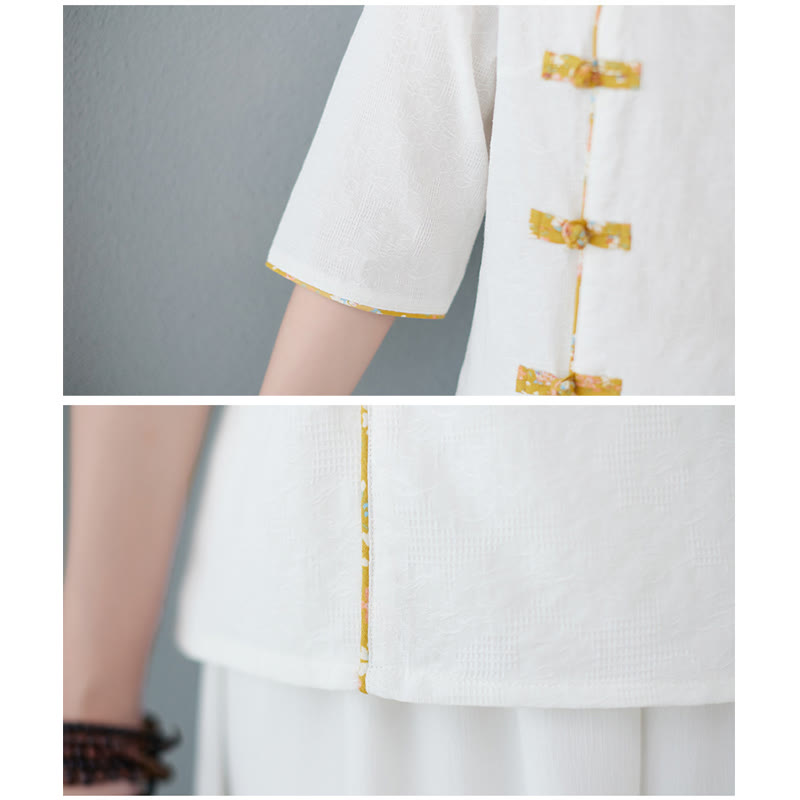 Camisa de lino y algodón con media manga y botones de rana con estampado floral de Buddha Stones - image 5