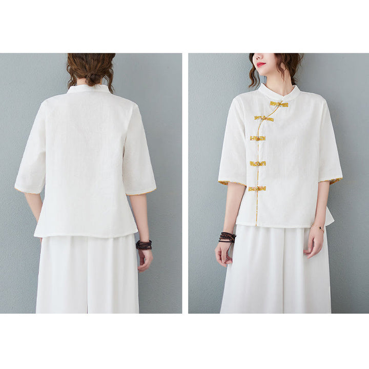 Camisa de lino y algodón con media manga y botones de rana con estampado floral de Buddha Stones - image 6