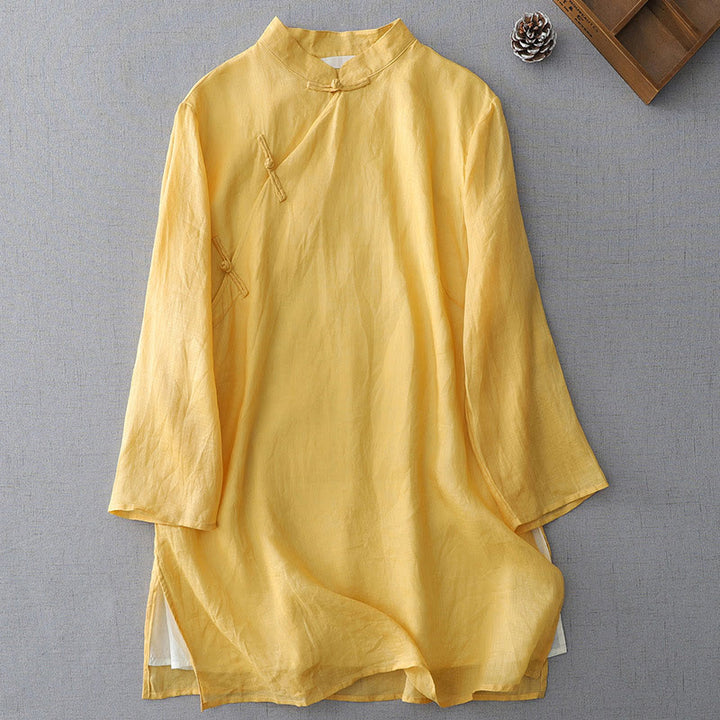 Camisa de manga tres cuartos de doble capa con botones de rana y estampado de Buddha Stones, color liso. - Limón Chiffon - US8-10，UK/AU12-14，EU40-42 (2XL) - image 5