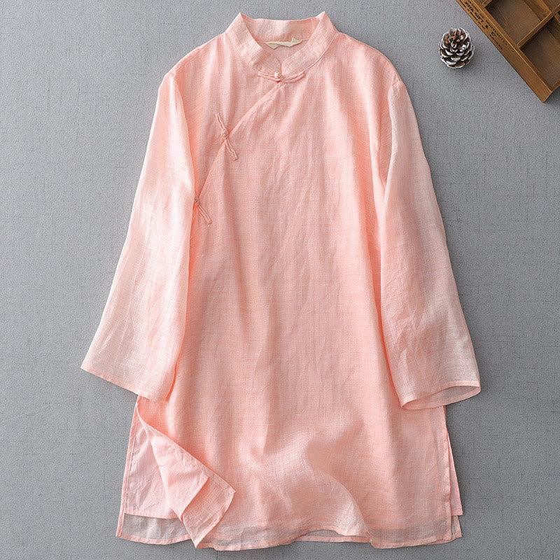 Camisa de lino y algodón de doble capa con manga tres cuartos y botones de rana de color liso con Buddha Stones - Rosa Misty - US8-10，UK/AU12-14，EU40-42 (2XL) - image 17