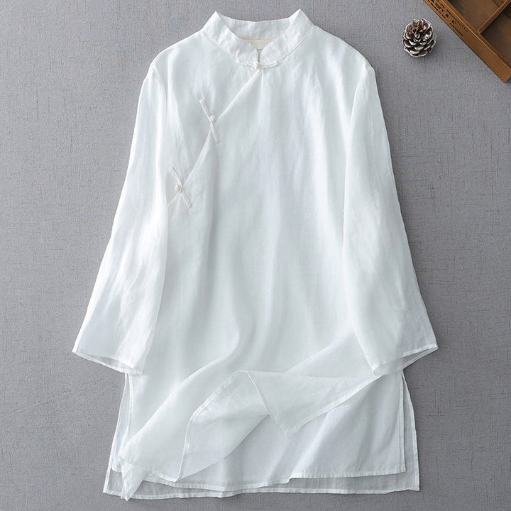 Camisa de lino y algodón de doble capa con manga tres cuartos y botones de rana de color liso con Buddha Stones - Blanco - US8-10，UK/AU12-14，EU40-42 (2XL) - image 1
