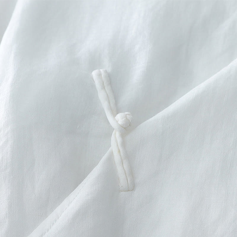 Camisa de lino y algodón de doble capa con manga tres cuartos y botones de rana de color liso con Buddha Stones - image 4