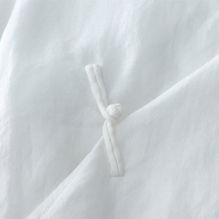 Camisa de lino y algodón de doble capa con manga tres cuartos y botones de rana de color liso con Buddha Stones - image 4