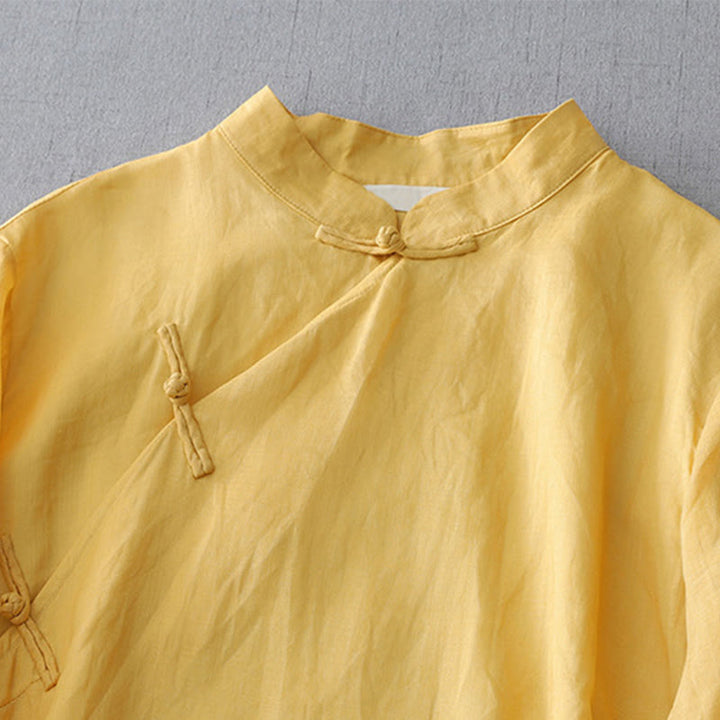 Camisa de lino y algodón de doble capa con manga tres cuartos y botones de rana de color liso con Buddha Stones - image 9