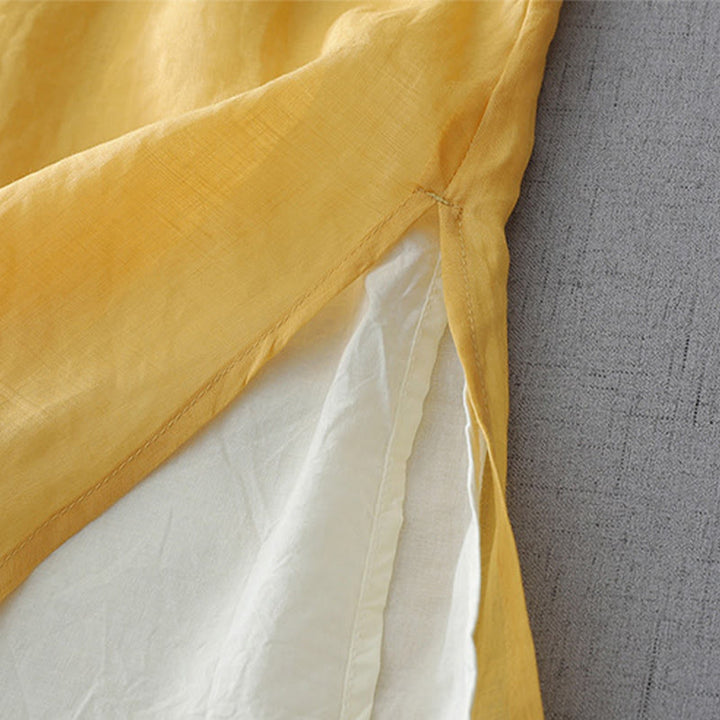 Camisa de lino y algodón de doble capa con manga tres cuartos y botones de rana de color liso con Buddha Stones - image 14