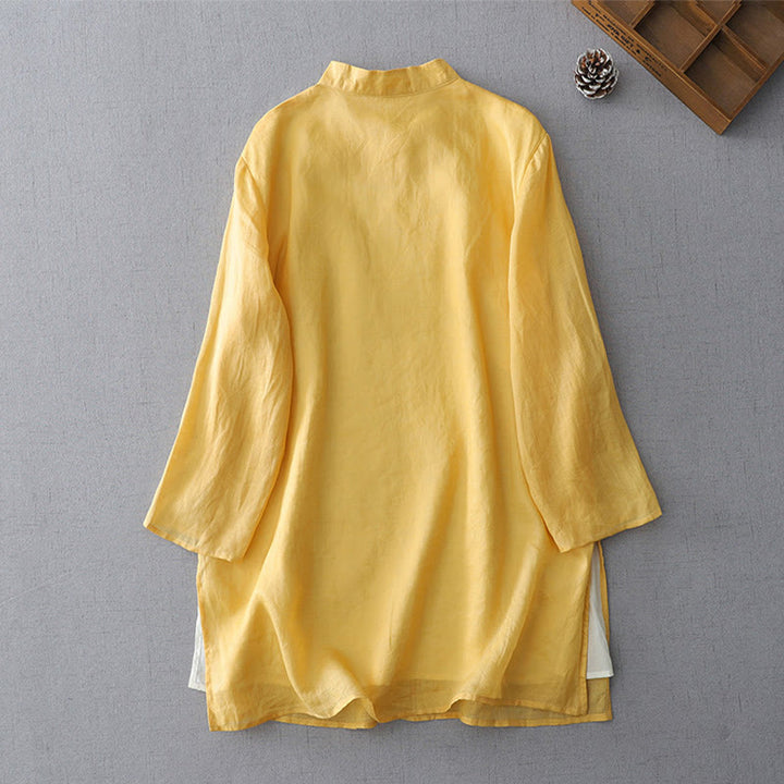 Camisa de manga tres cuartos de doble capa con botones de rana y estampado de Buddha Stones, color liso. - image 6