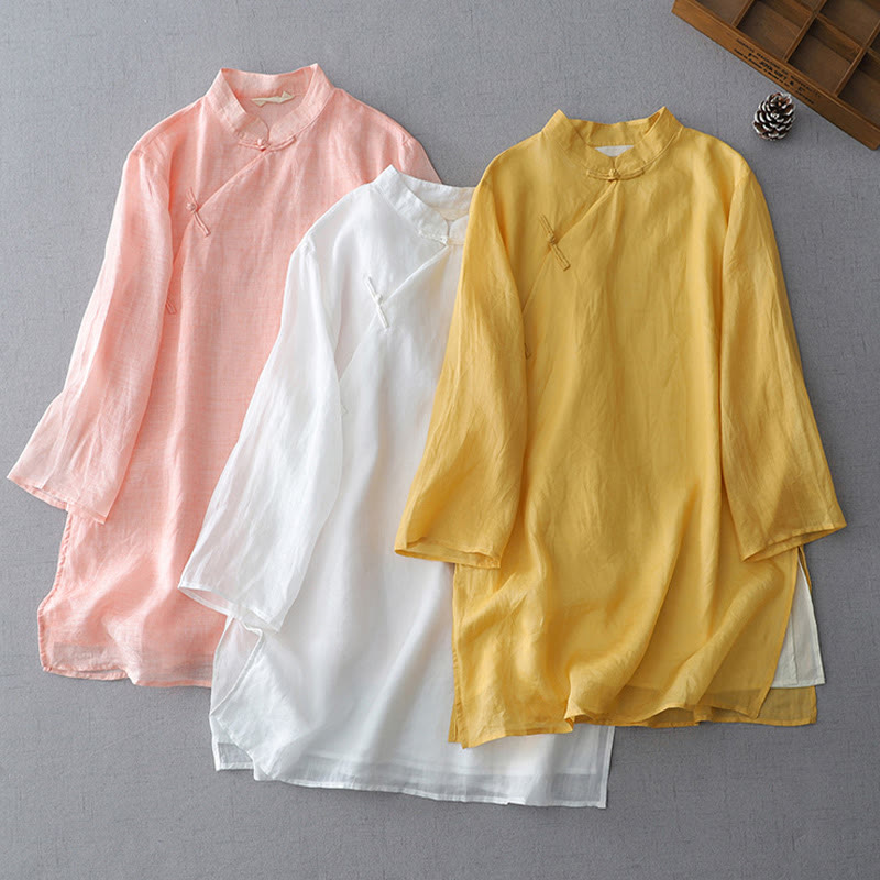 Camisa de lino y algodón de doble capa con manga tres cuartos y botones de rana de color liso con Buddha Stones - image 1