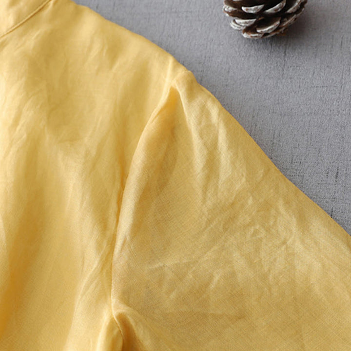 Camisa de lino y algodón de doble capa con manga tres cuartos y botones de rana de color liso con Buddha Stones - image 12