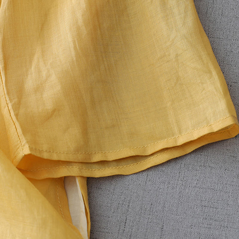 Camisa de lino y algodón de doble capa con manga tres cuartos y botones de rana de color liso con Buddha Stones - image 12