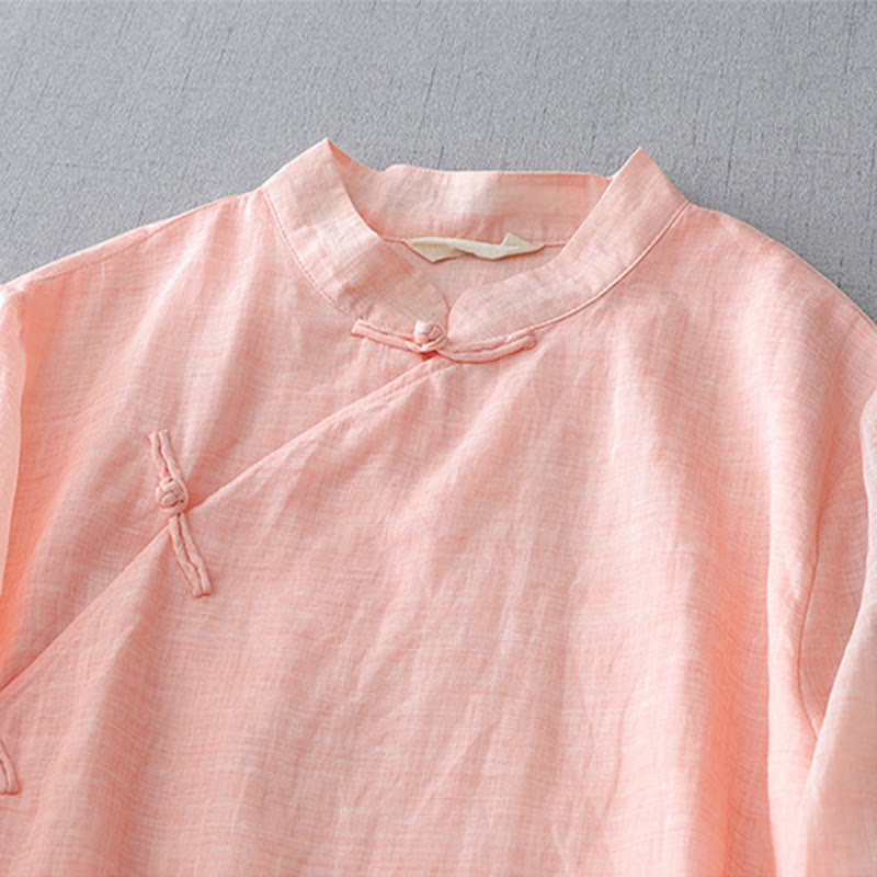 Camisa de lino y algodón de doble capa con manga tres cuartos y botones de rana de color liso con Buddha Stones - image 19