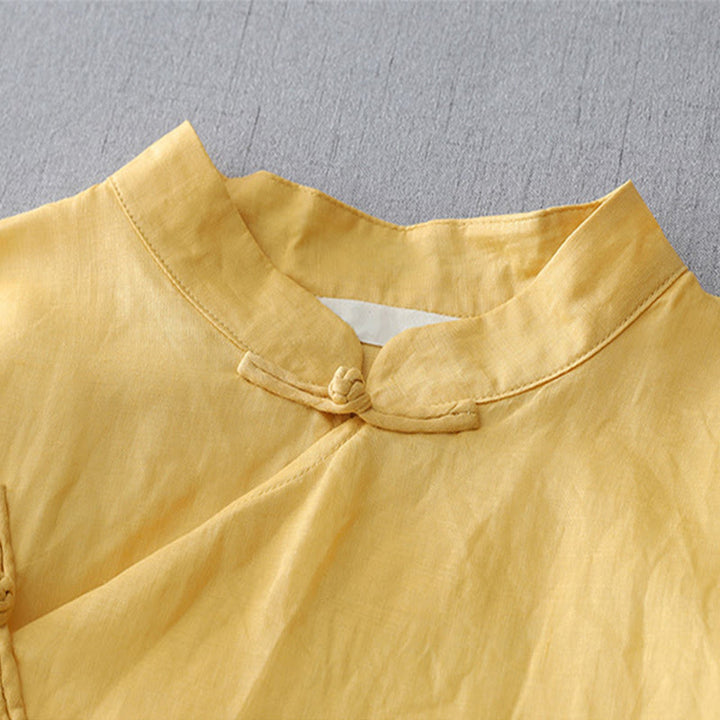 Camisa de lino y algodón de doble capa con manga tres cuartos y botones de rana de color liso con Buddha Stones - image 10