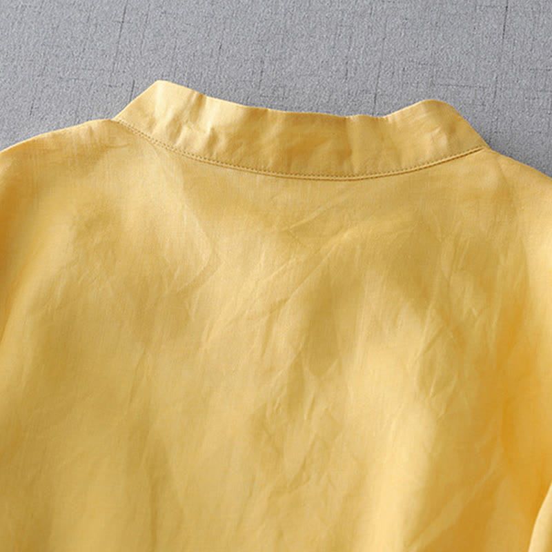 Camisa de lino y algodón de doble capa con manga tres cuartos y botones de rana de color liso con Buddha Stones - image 17